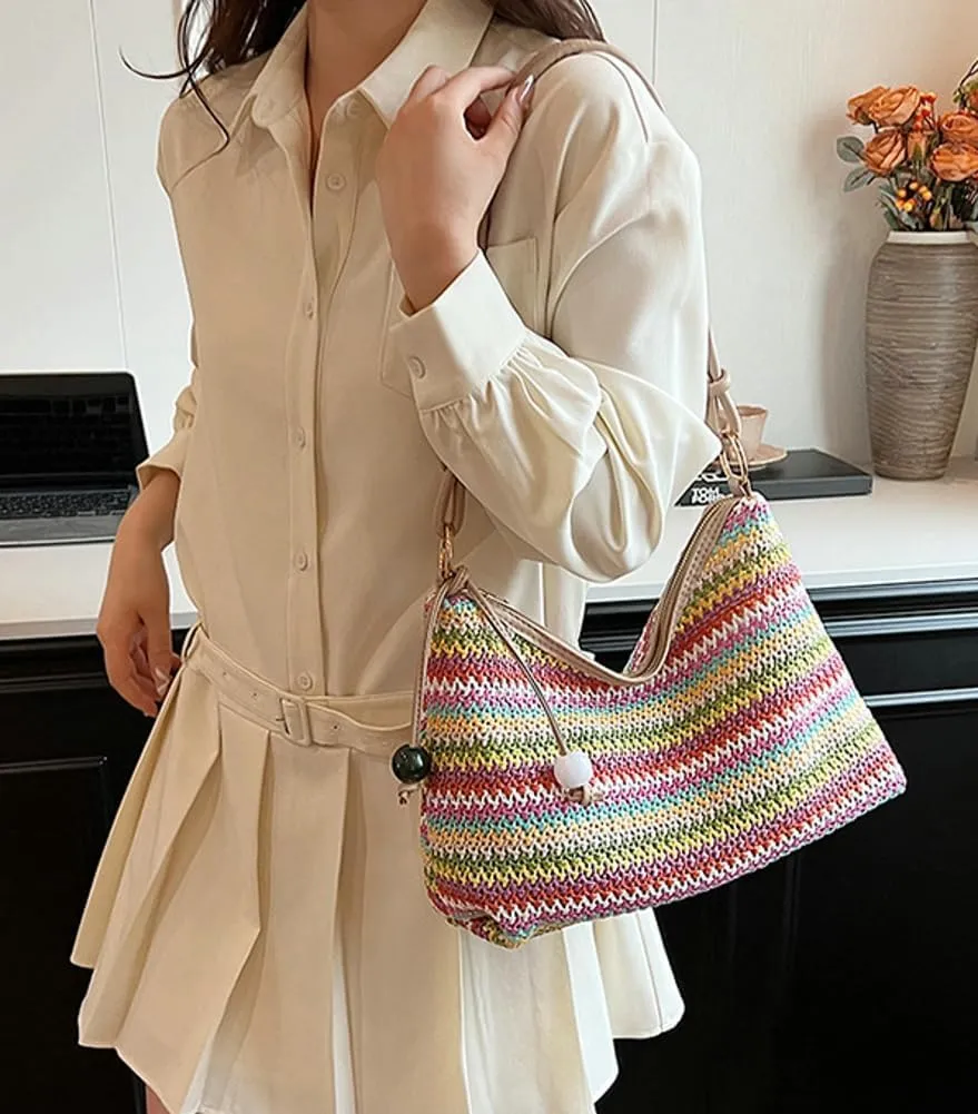 Womens Colorful Straw Shoulder Bags Cute Summer Beach Tote Purse Woven Top Handle Satchel Handbag Vacation
