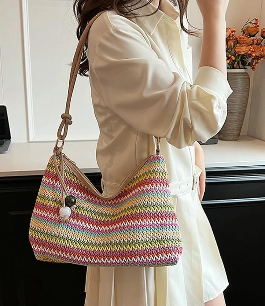 Womens Colorful Straw Shoulder Bags Cute Summer Beach Tote Purse Woven Top Handle Satchel Handbag Vacation
