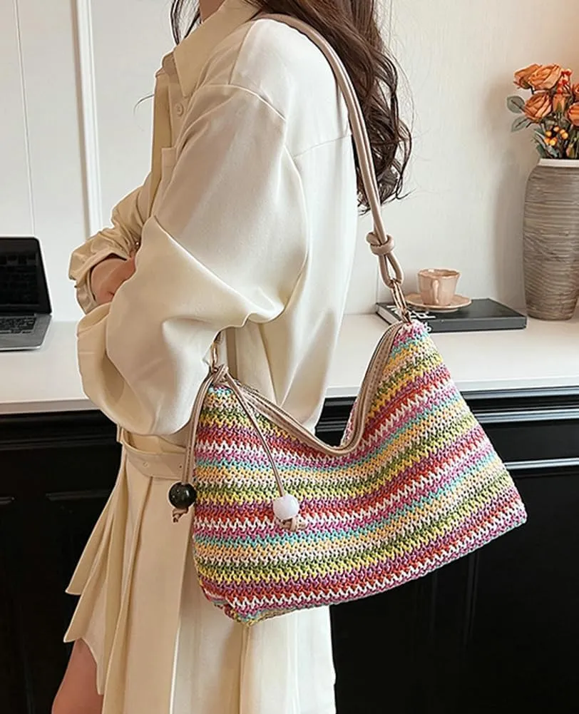 Womens Colorful Straw Shoulder Bags Cute Summer Beach Tote Purse Woven Top Handle Satchel Handbag Vacation
