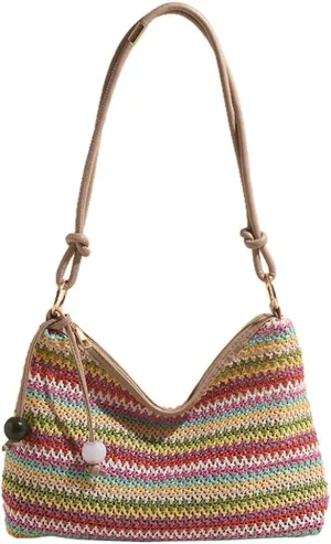 Womens Colorful Straw Shoulder Bags Cute Summer Beach Tote Purse Woven Top Handle Satchel Handbag Vacation