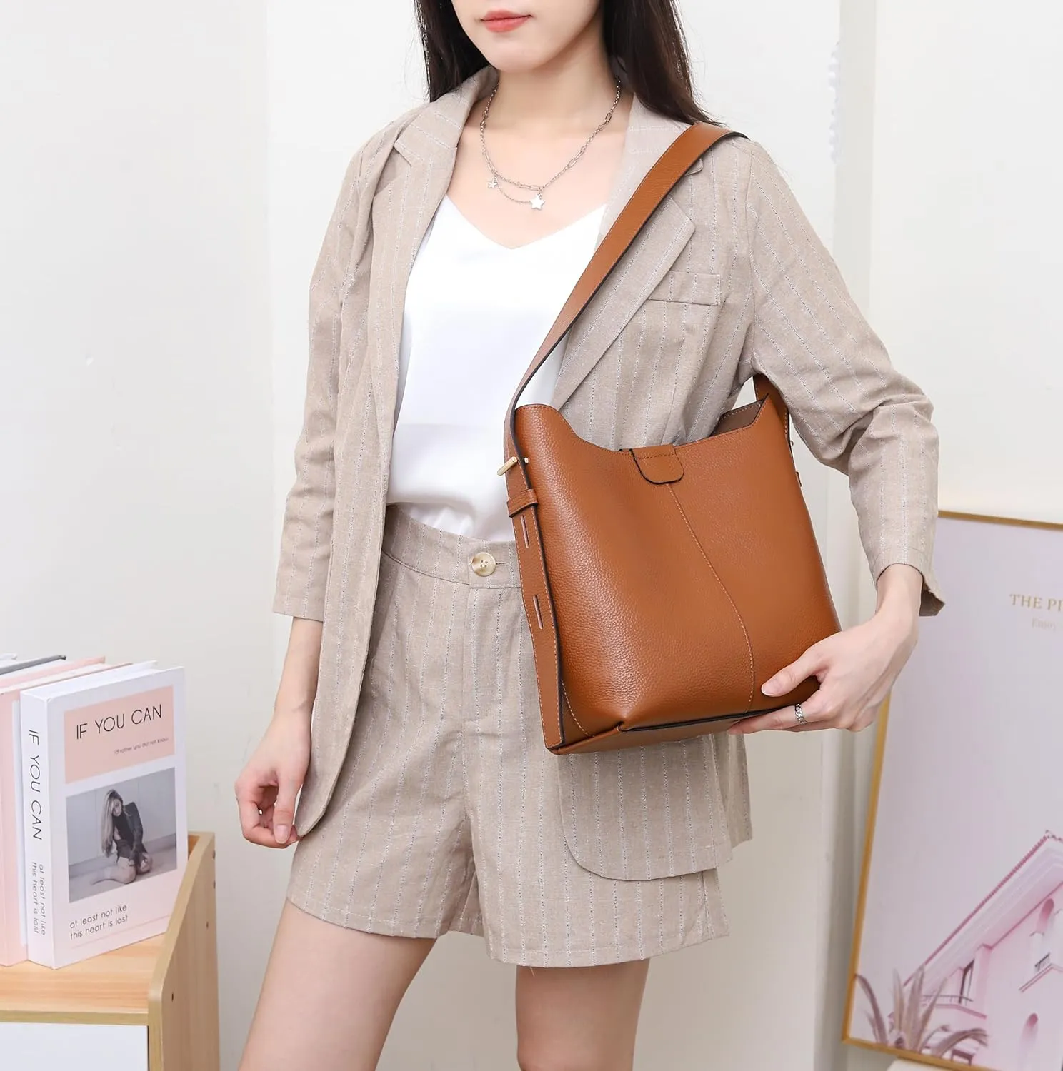 Women’s Genuine Pebbled Leather Bucket Bag, Soft Hobo Tote Handbag with Adjustable Shoulder Strap, Spacious Everyday Purse