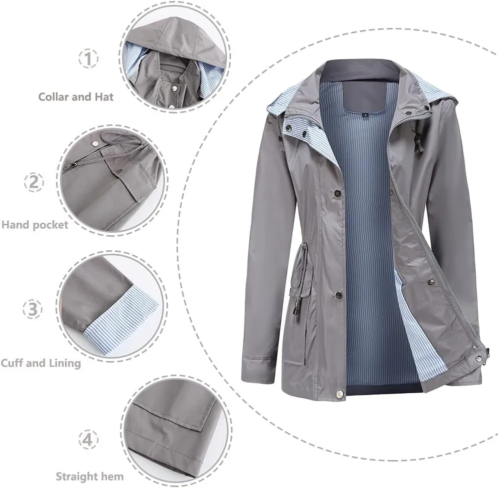 Womens Raincoat Windbreaker Waterproof Lightweight Lined Hooded Rain Jacket