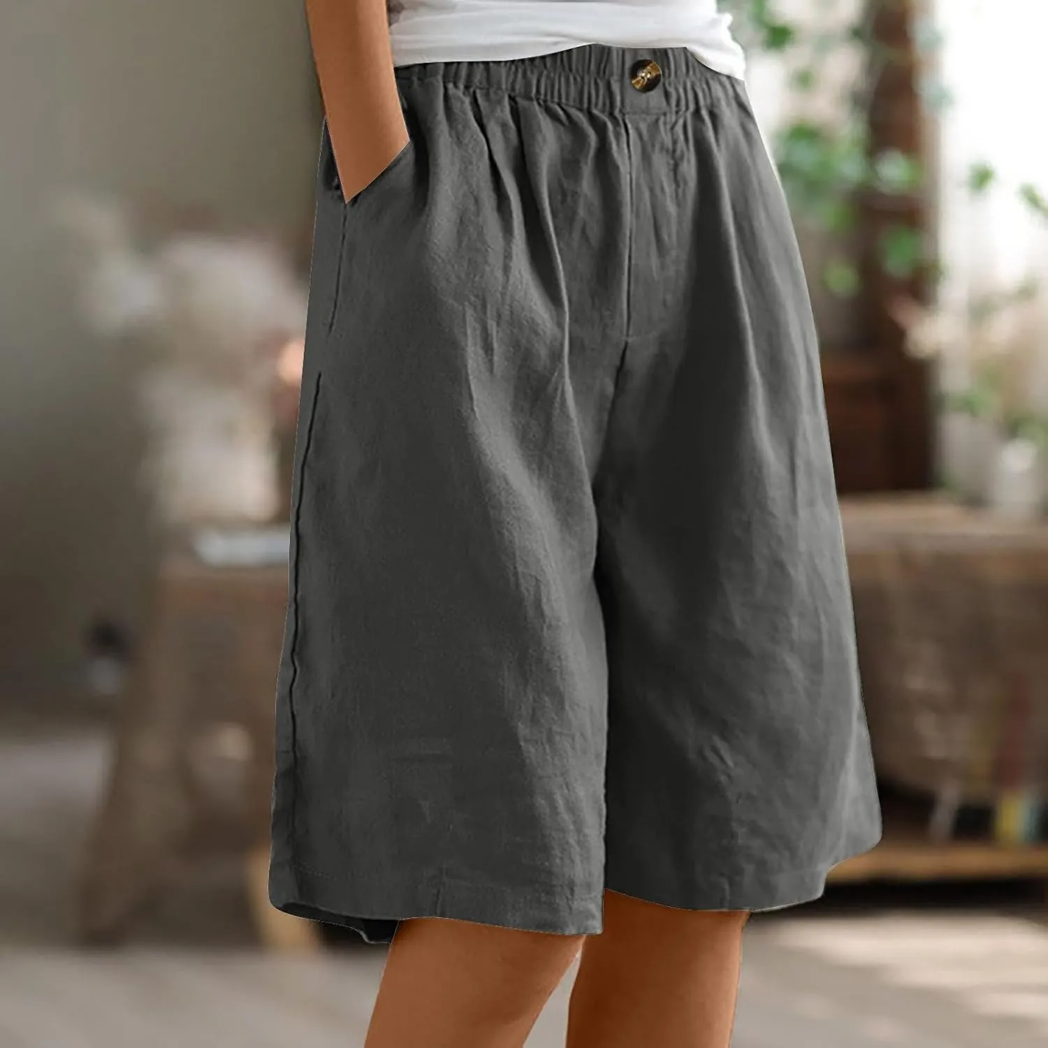 Womens Shorts Casual Loose Summer Beach Knee Length Flared Shorts Trendy Flowy Lounge Cotton Linen Half Shorts with Pockets
