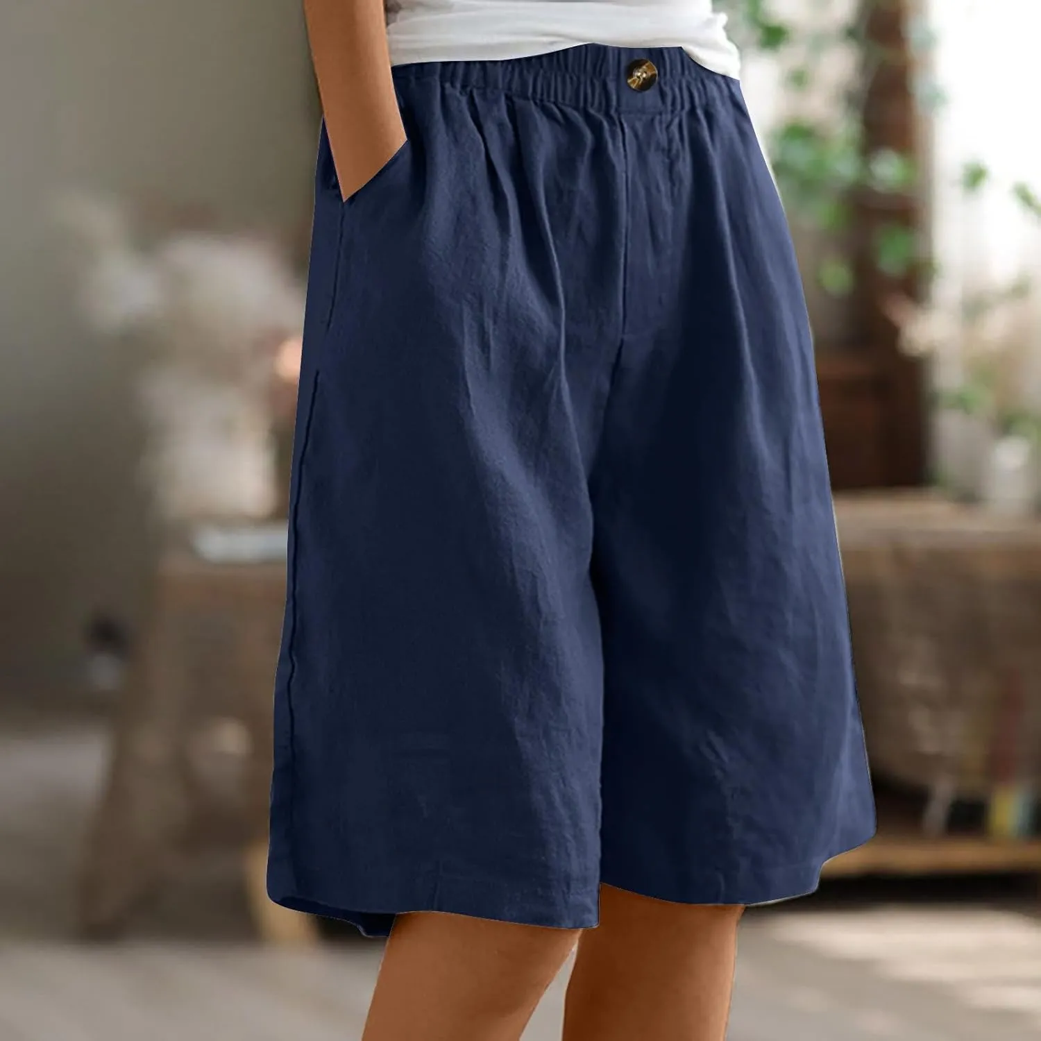 Womens Shorts Casual Loose Summer Beach Knee Length Flared Shorts Trendy Flowy Lounge Cotton Linen Half Shorts with Pockets