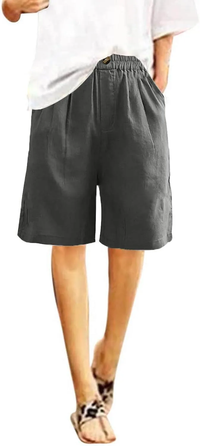 Womens Shorts Casual Loose Summer Beach Knee Length Flared Shorts Trendy Flowy Lounge Cotton Linen Half Shorts with Pockets