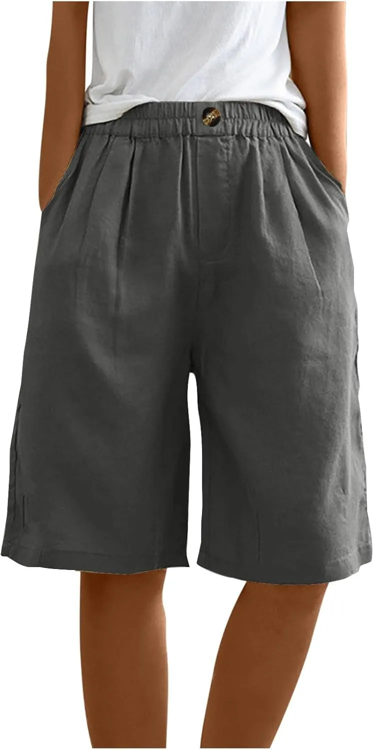 Womens Shorts Casual Loose Summer Beach Knee Length Flared Shorts Trendy Flowy Lounge Cotton Linen Half Shorts with Pockets