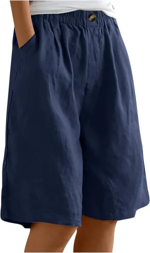Womens Shorts Casual Loose Summer Beach Knee Length Flared Shorts Trendy Flowy Lounge Cotton Linen Half Shorts with Pockets