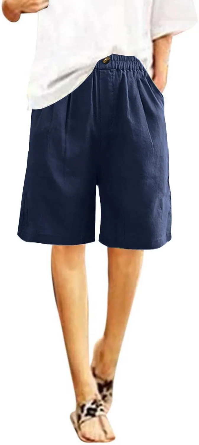 Womens Shorts Casual Loose Summer Beach Knee Length Flared Shorts Trendy Flowy Lounge Cotton Linen Half Shorts with Pockets