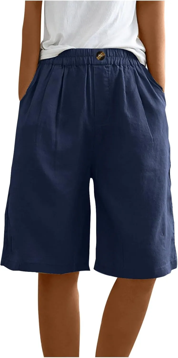 Womens Shorts Casual Loose Summer Beach Knee Length Flared Shorts Trendy Flowy Lounge Cotton Linen Half Shorts with Pockets