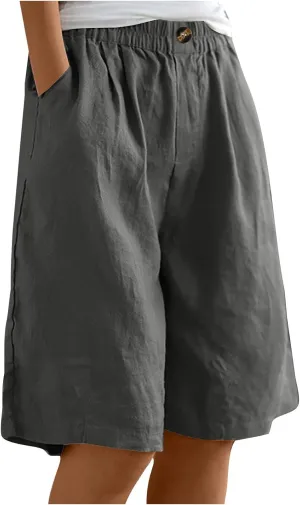 Womens Shorts Casual Loose Summer Beach Knee Length Flared Shorts Trendy Flowy Lounge Cotton Linen Half Shorts with Pockets