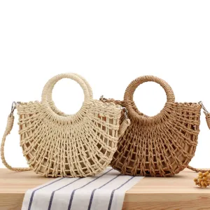Women's Simple Style Popular Semicircle Hollow Straw Beach Hand-woven Crossbody Bags
