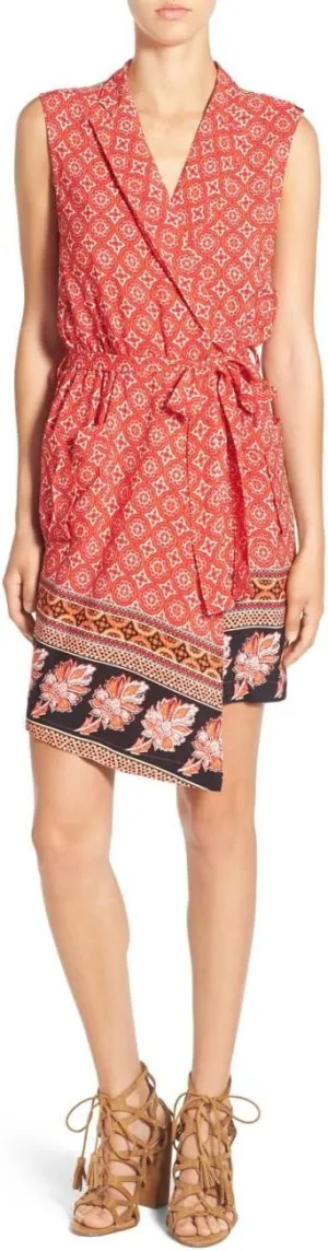 Women's Spice Market Sleeveless Faux Wrap Print Shirt Dress XS