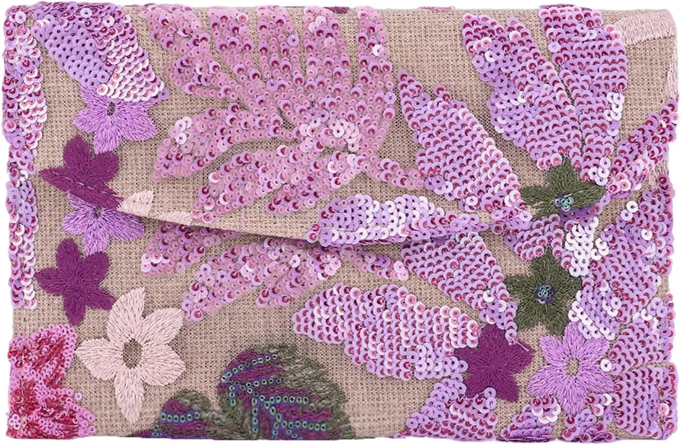 Women’s Straw Clutch Bag with Floral Embroidery and Sequins Elegant Evening Purse for Wedding Travel