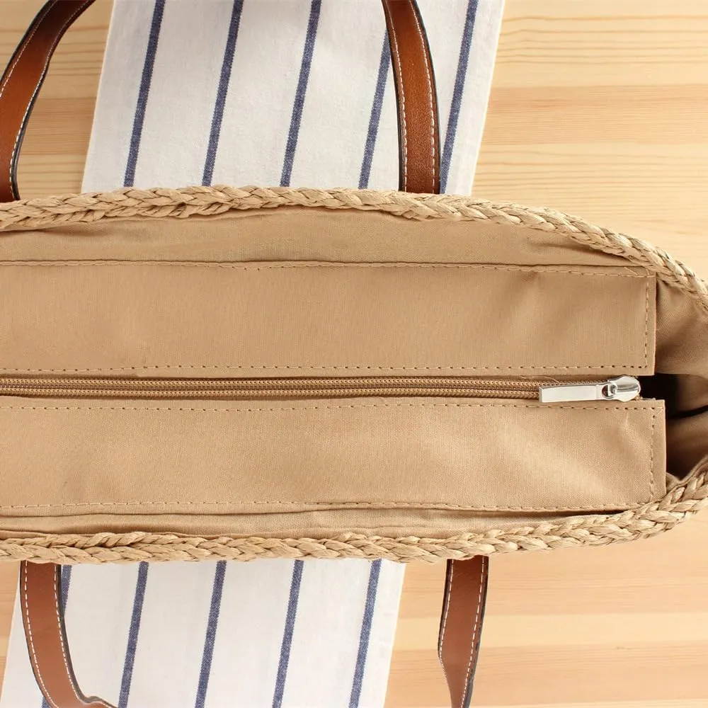 Womens Straw Tote Handbag - Summer Beach Bag with Top Handle - Handwoven Shoulder Bag - 2024