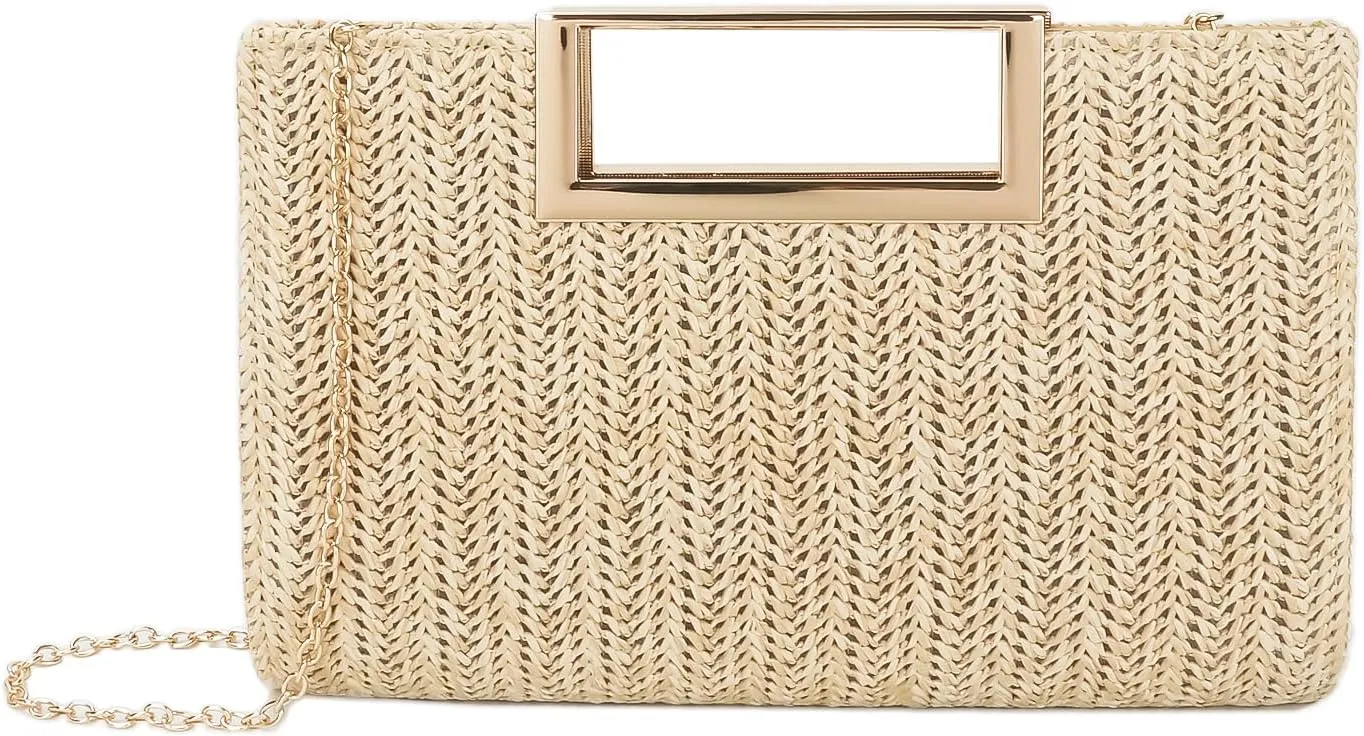 Womens Straw Woven Clutch Handmade Weaving Shoulder Bag Purse for Wedding Prom Party