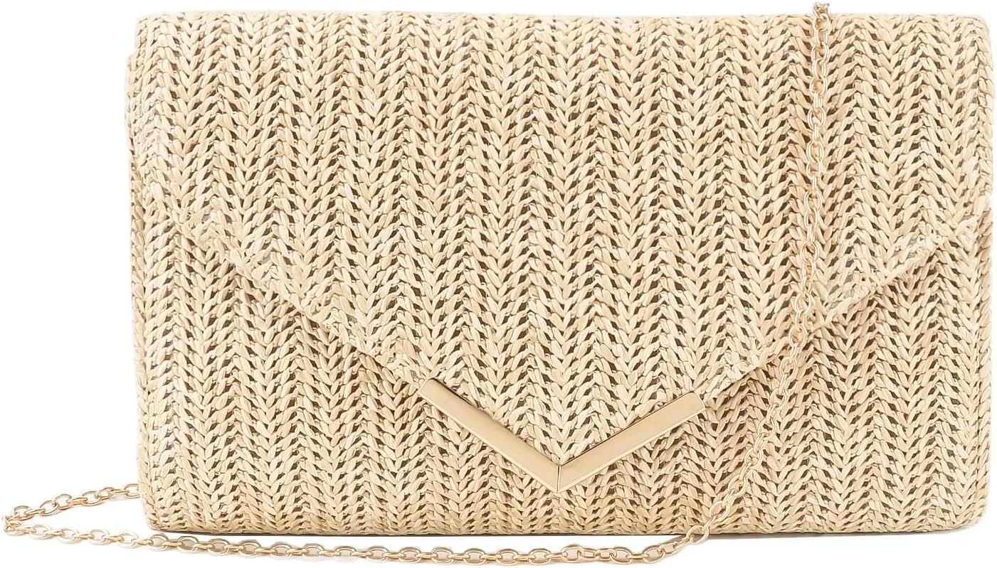 Womens Straw Woven Clutch Handmade Weaving Shoulder Bag Purse for Wedding Prom Party