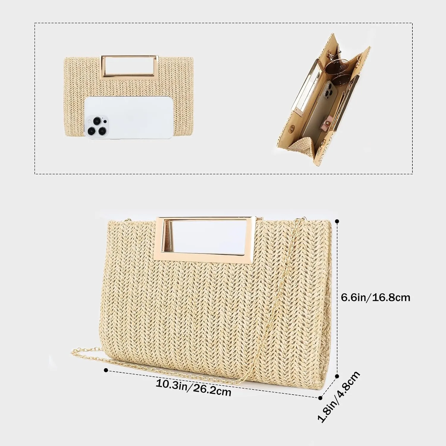 Womens Straw Woven Clutch Handmade Weaving Shoulder Bag Purse for Wedding Prom Party