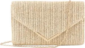 Womens Straw Woven Clutch Handmade Weaving Shoulder Bag Purse for Wedding Prom Party