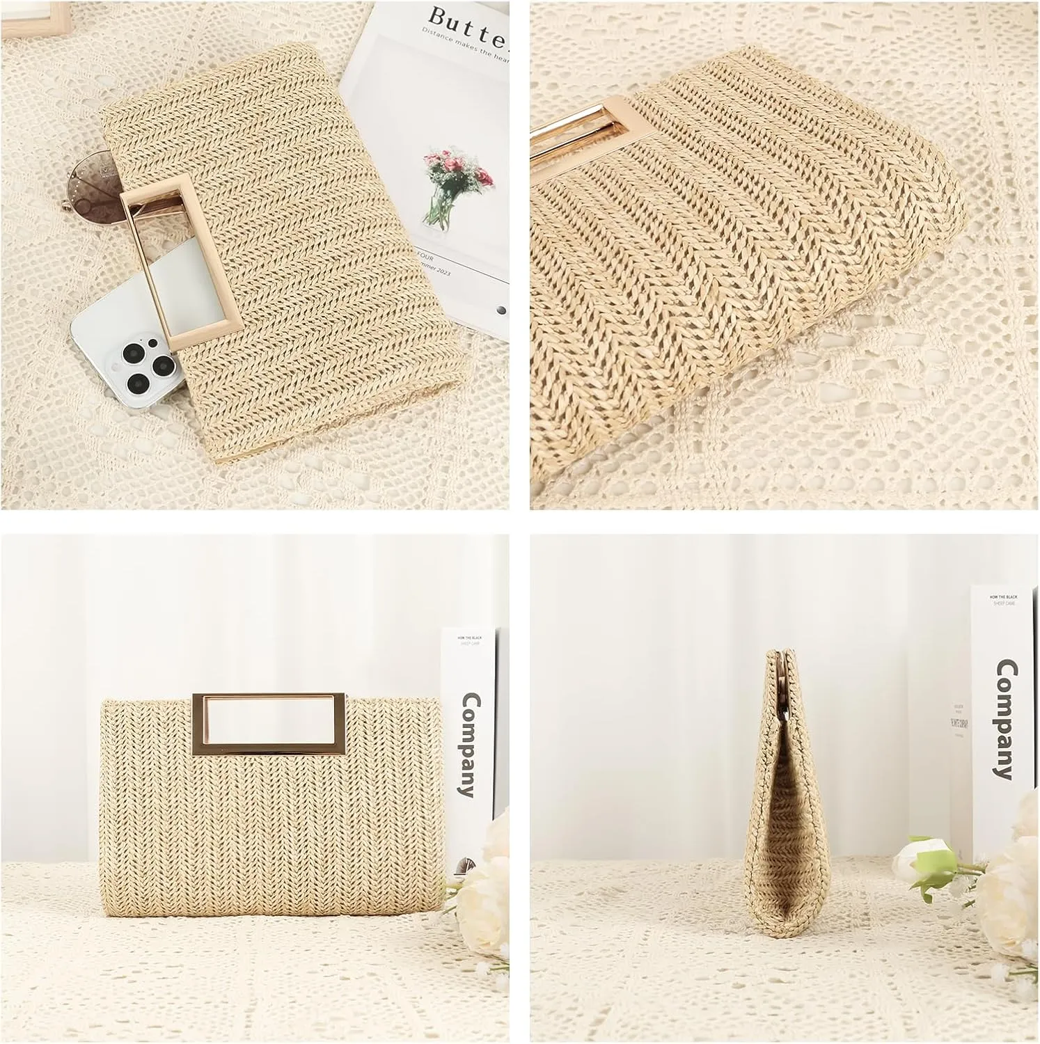 Womens Straw Woven Clutch Handmade Weaving Shoulder Bag Purse for Wedding Prom Party