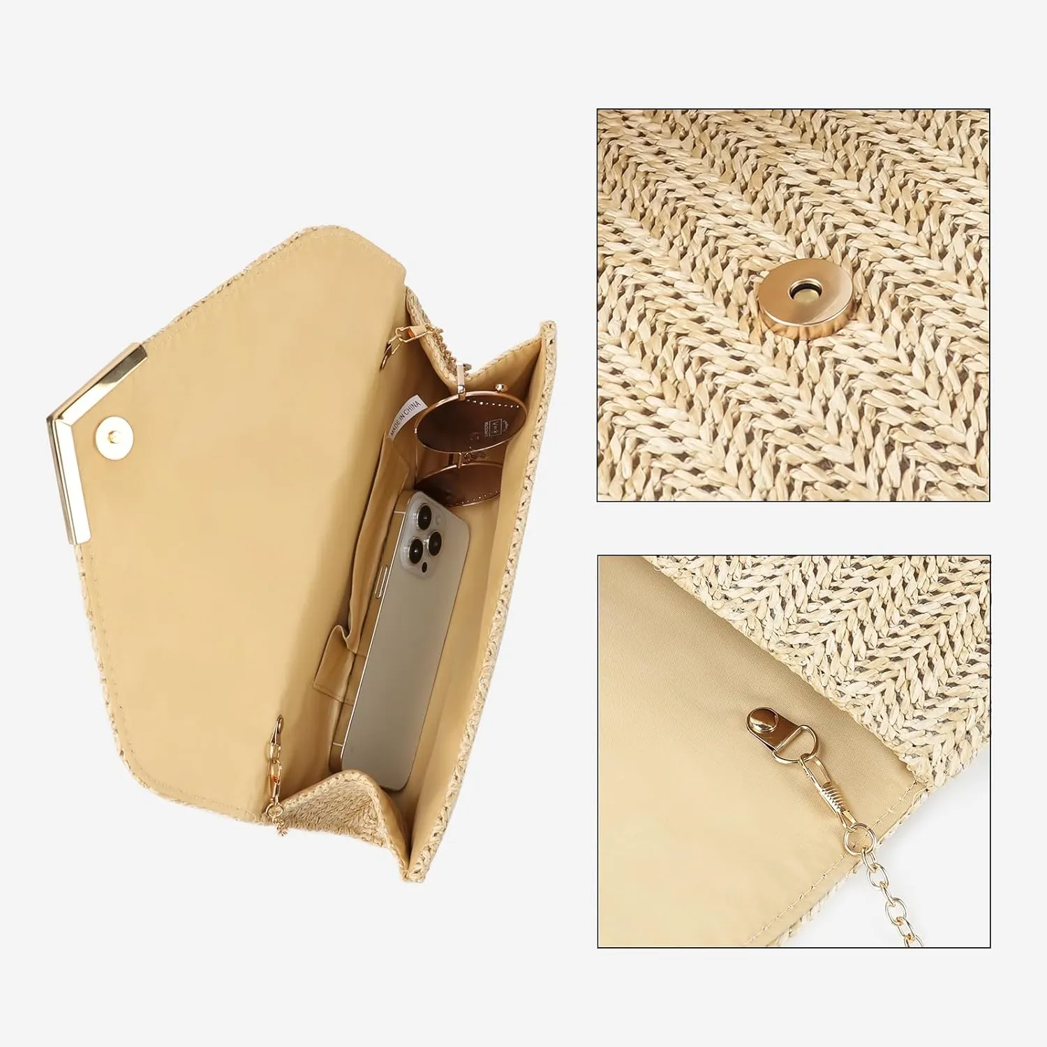 Womens Straw Woven Clutch Handmade Weaving Shoulder Bag Purse for Wedding Prom Party