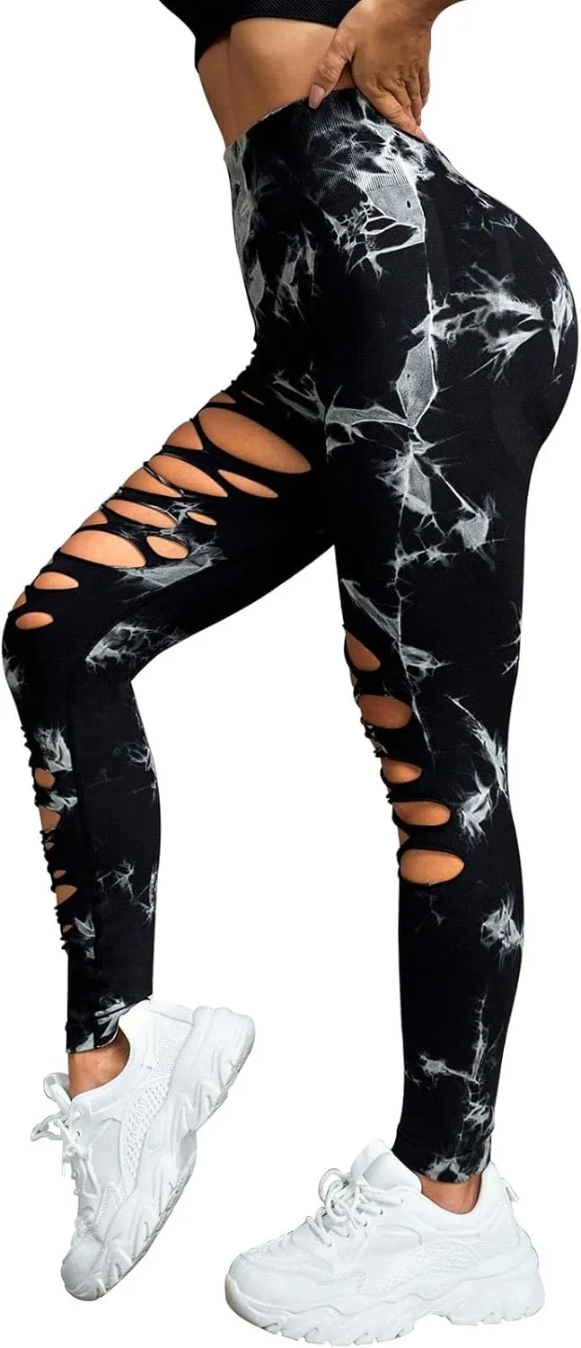 Women's Tie Dye Cutout Tights High Waist Workout Yoga Leggings,Scrunch Butt Lifting Elastic Pants,2 Pack