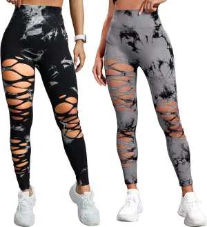 Women's Tie Dye Cutout Tights High Waist Workout Yoga Leggings,Scrunch Butt Lifting Elastic Pants,2 Pack