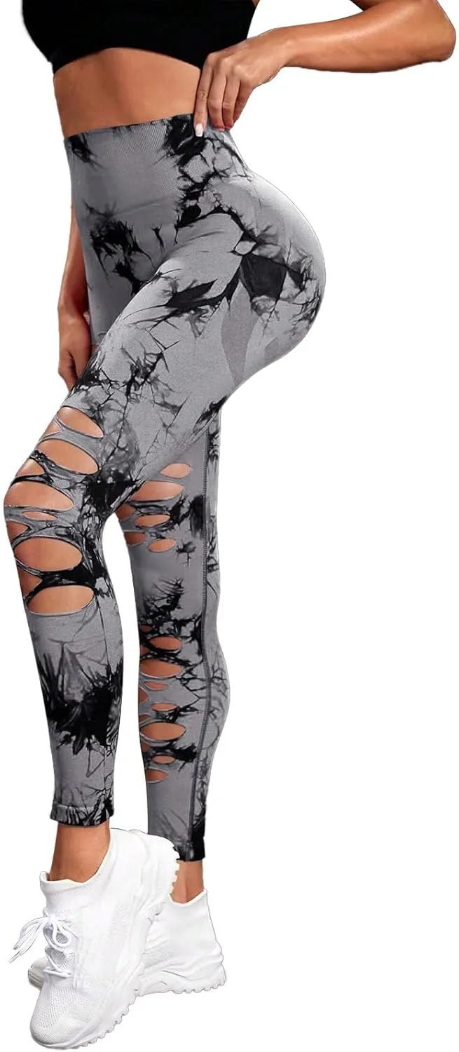 Women's Tie Dye Cutout Tights High Waist Workout Yoga Leggings,Scrunch Butt Lifting Elastic Pants,2 Pack