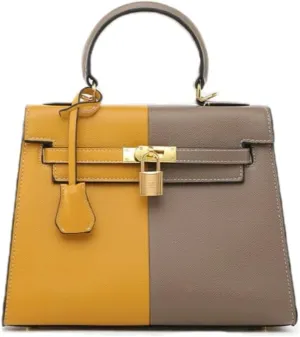 Women's Two-Tone Crossbody Bag - PU Leather Shoulder Purse, Adjustable Strap Small Handbag (5 Colors) (Yellow/Khaki)