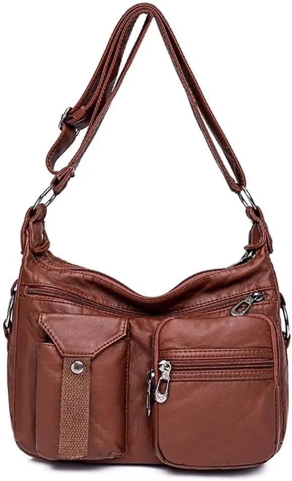 Women’s Vintage Hobo Bag Soft Leather Shoulder Handbag Pocketbooks Casual Messenger Bag Multi Pocket Crossbody Purse, Reddish Brown