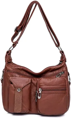 Women’s Vintage Hobo Bag Soft Leather Shoulder Handbag Pocketbooks Casual Messenger Bag Multi Pocket Crossbody Purse, Reddish Brown