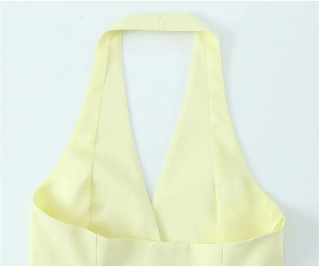 Women's Yellow Halter Neck Backless Sleeveless Sexy Vest Top Summer Casual Chic Streetwear