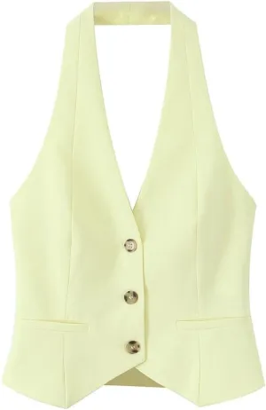Women's Yellow Halter Neck Backless Sleeveless Sexy Vest Top Summer Casual Chic Streetwear