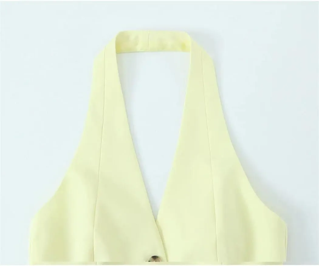 Women's Yellow Halter Neck Backless Sleeveless Sexy Vest Top Summer Casual Chic Streetwear