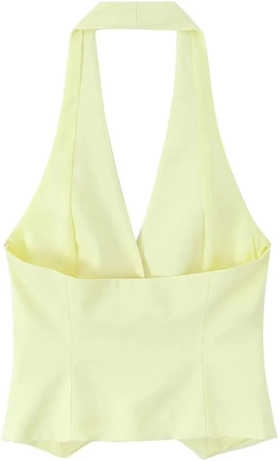 Women's Yellow Halter Neck Backless Sleeveless Sexy Vest Top Summer Casual Chic Streetwear