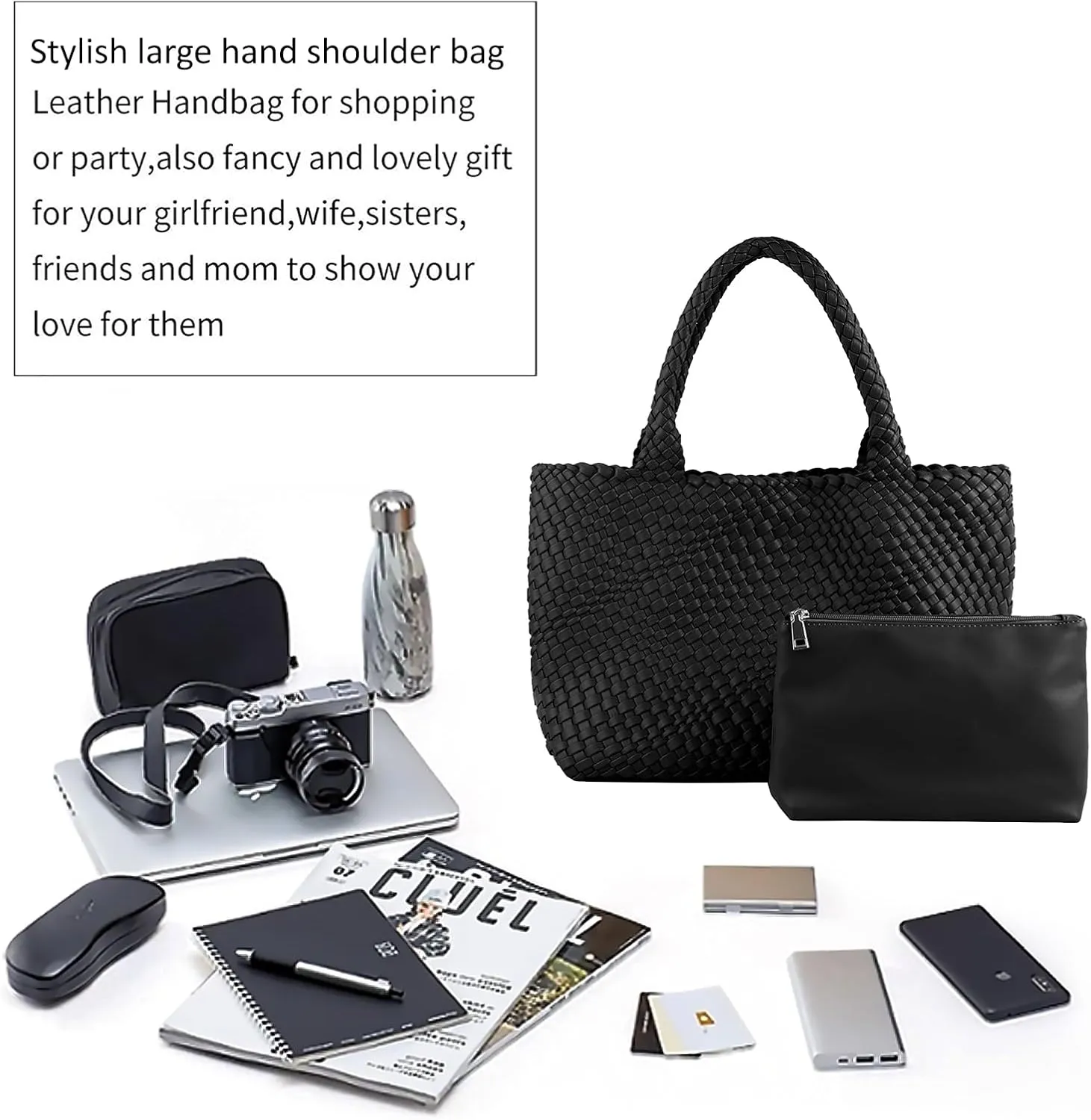 Woven Tote Bag for Women,Fashion Top Handle Shoulder Bag Vegan Leather Shopper Bag Large Travel Tote Bag with Purse