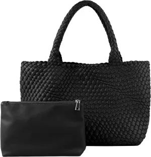 Woven Tote Bag for Women,Fashion Top Handle Shoulder Bag Vegan Leather Shopper Bag Large Travel Tote Bag with Purse