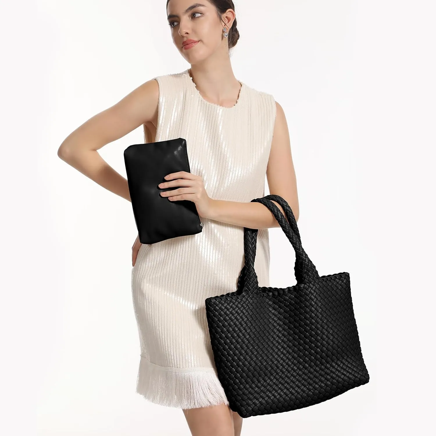 Woven Tote Bag for Women,Fashion Top Handle Shoulder Bag Vegan Leather Shopper Bag Large Travel Tote Bag with Purse