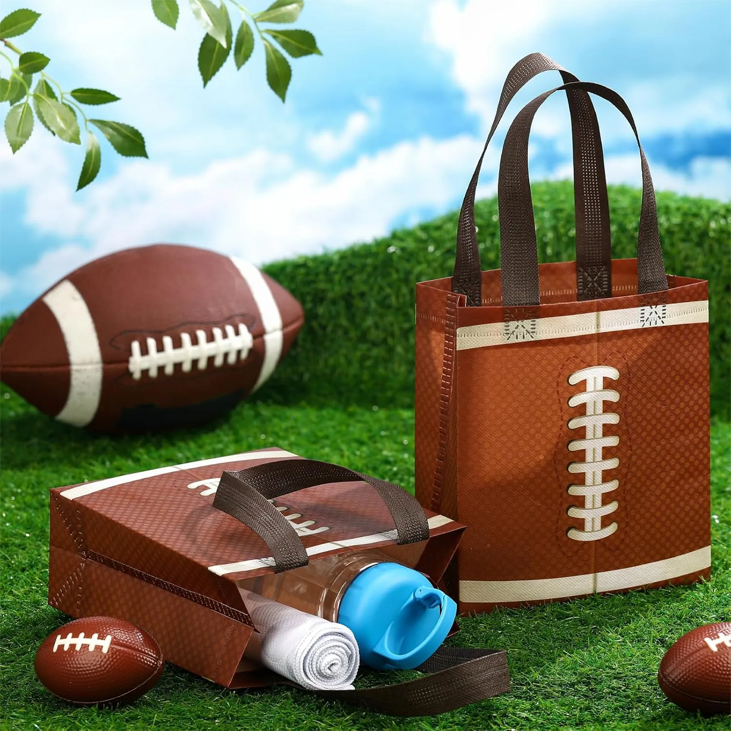 Wovnet 36 Pcs Sports Party Favor Bags with Handles Non Woven Football Baseball Soccer Basketball Goodie Treat Gift Bags Bulk for Sport Team Birthday Party Supplies(Football)