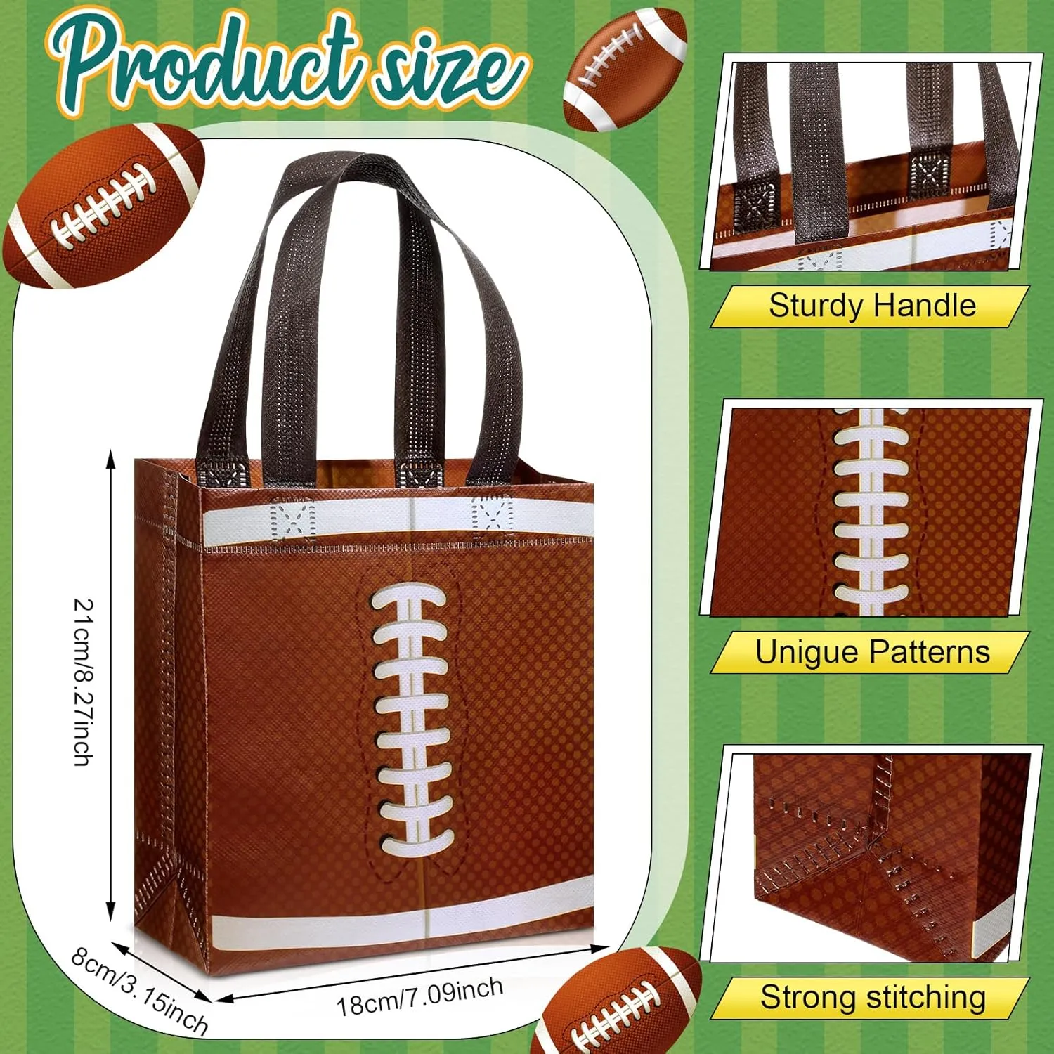 Wovnet 36 Pcs Sports Party Favor Bags with Handles Non Woven Football Baseball Soccer Basketball Goodie Treat Gift Bags Bulk for Sport Team Birthday Party Supplies(Football)