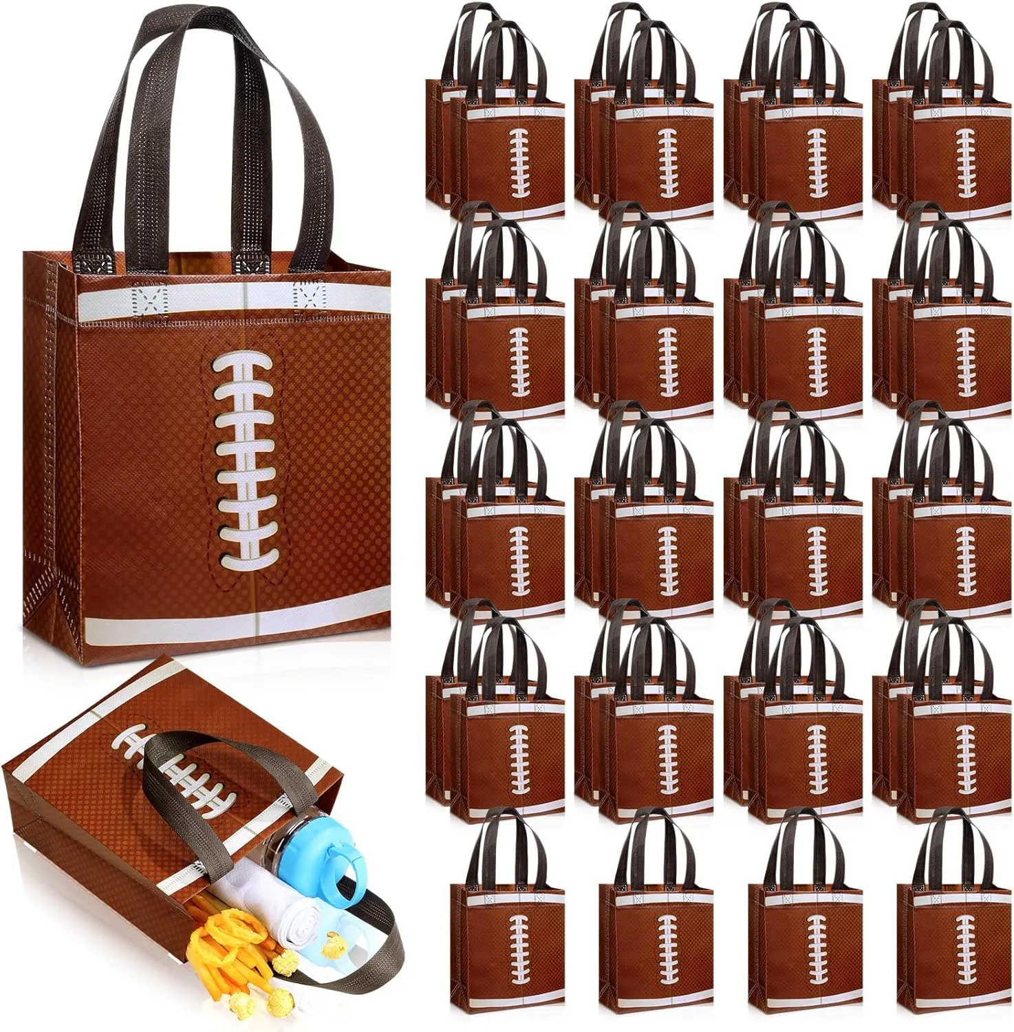 Wovnet 36 Pcs Sports Party Favor Bags with Handles Non Woven Football Baseball Soccer Basketball Goodie Treat Gift Bags Bulk for Sport Team Birthday Party Supplies(Football)