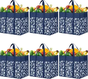WOWBOX Reusable Grocery Bags Foldable Tote Bags bulk with Reinforced Handles Shopping Bags for Groceries Heavy Duty Large bags Kitchen Reusable Grocery Bags with Waterproof Coating 6-Pack, Blue