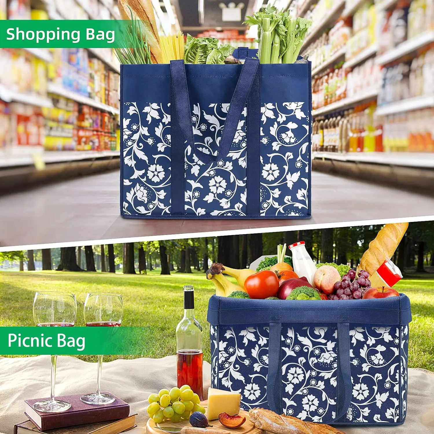 WOWBOX Reusable Grocery Bags Foldable Tote Bags bulk with Reinforced Handles Shopping Bags for Groceries Heavy Duty Large bags Kitchen Reusable Grocery Bags with Waterproof Coating 6-Pack, Blue