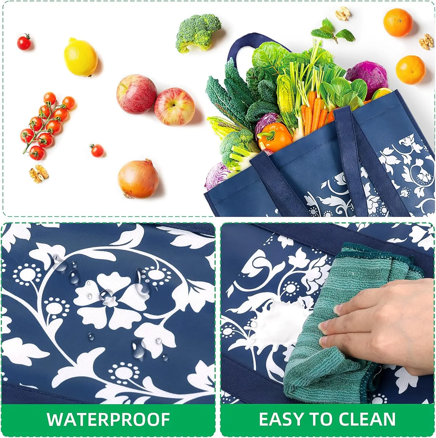 WOWBOX Reusable Grocery Bags Foldable Tote Bags bulk with Reinforced Handles Shopping Bags for Groceries Heavy Duty Large bags Kitchen Reusable Grocery Bags with Waterproof Coating 6-Pack, Blue