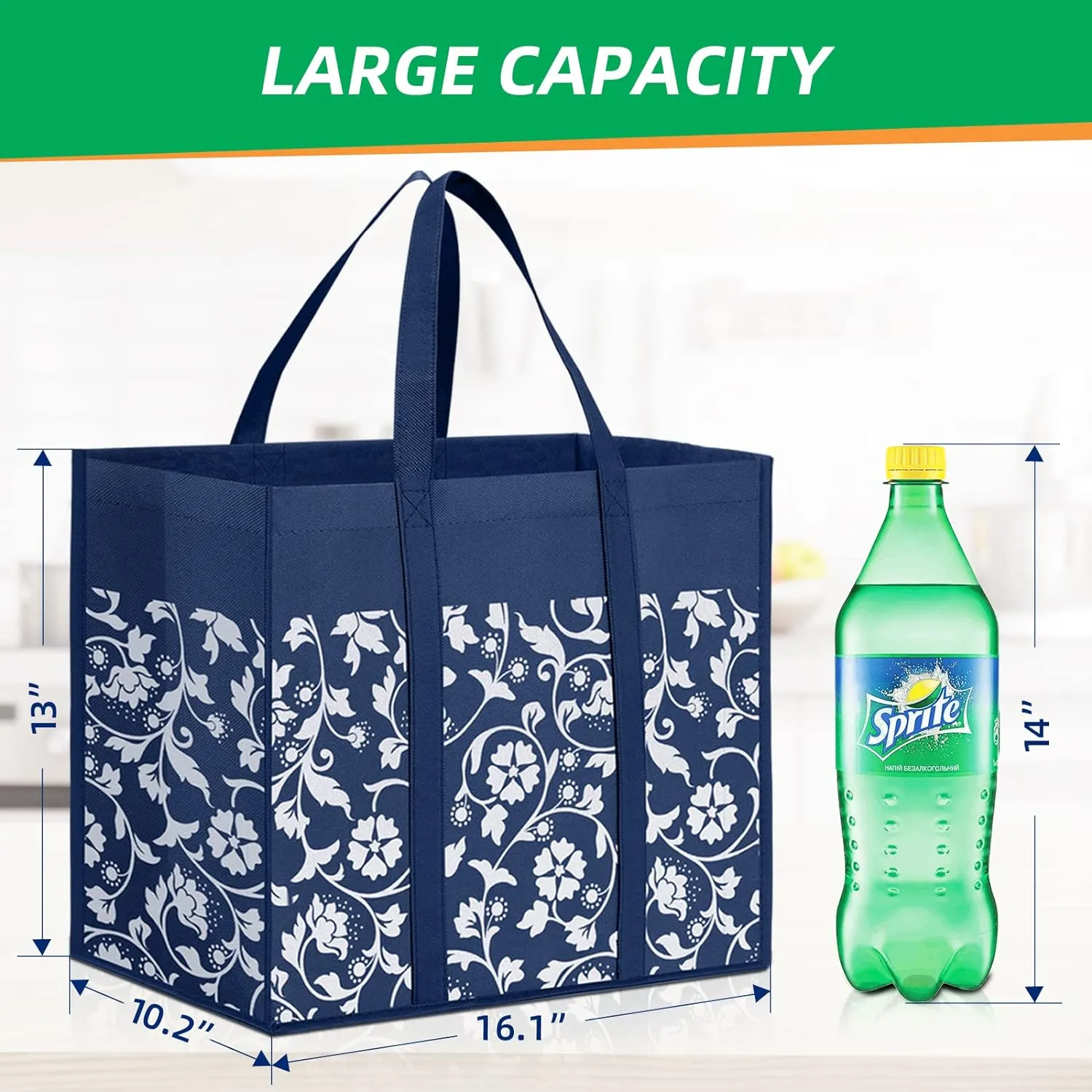 WOWBOX Reusable Grocery Bags Foldable Tote Bags bulk with Reinforced Handles Shopping Bags for Groceries Heavy Duty Large bags Kitchen Reusable Grocery Bags with Waterproof Coating 6-Pack, Blue