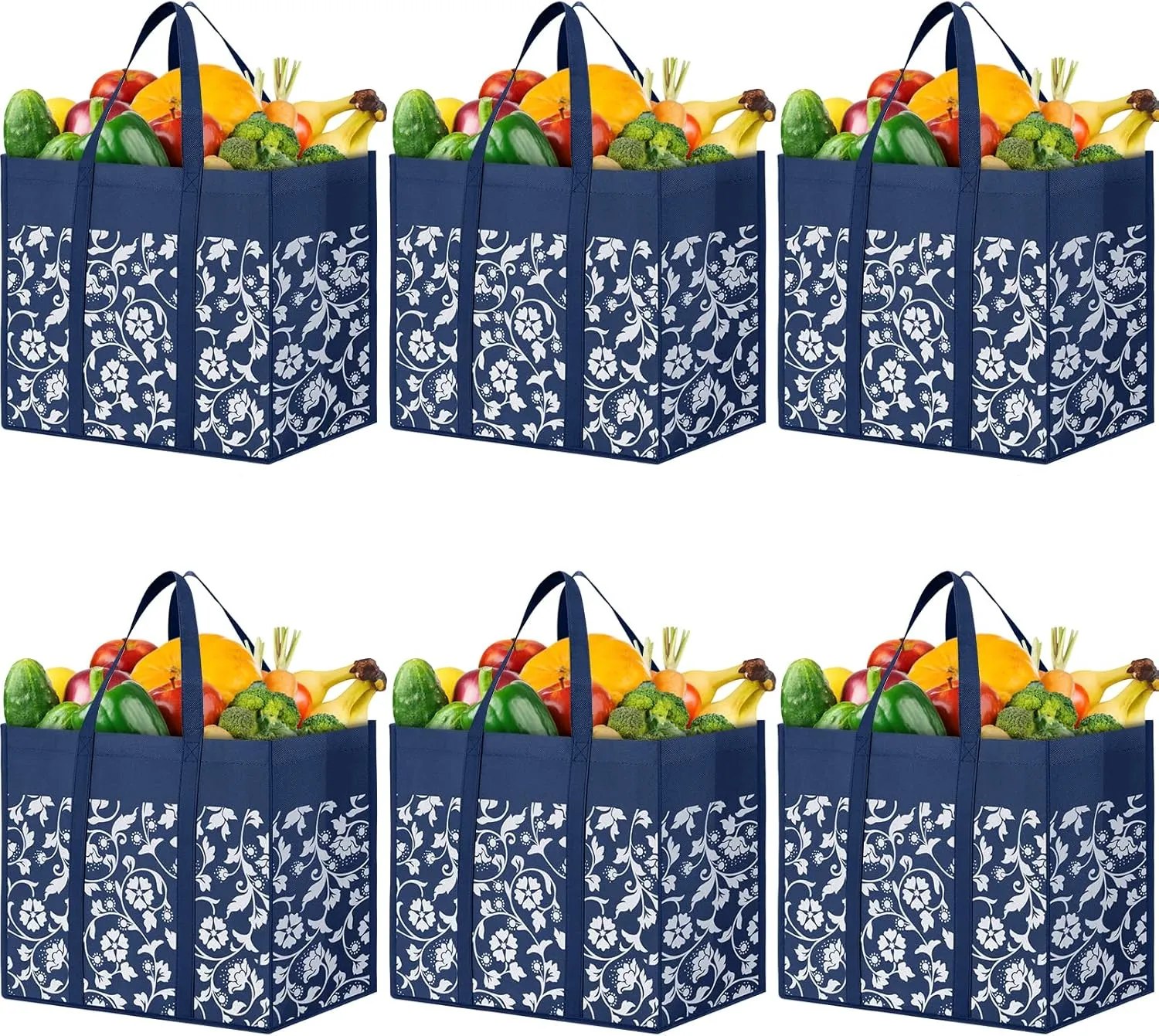 WOWBOX Reusable Grocery Bags Foldable Tote Bags bulk with Reinforced Handles Shopping Bags for Groceries Heavy Duty Large bags Kitchen Reusable Grocery Bags with Waterproof Coating 6-Pack, Blue