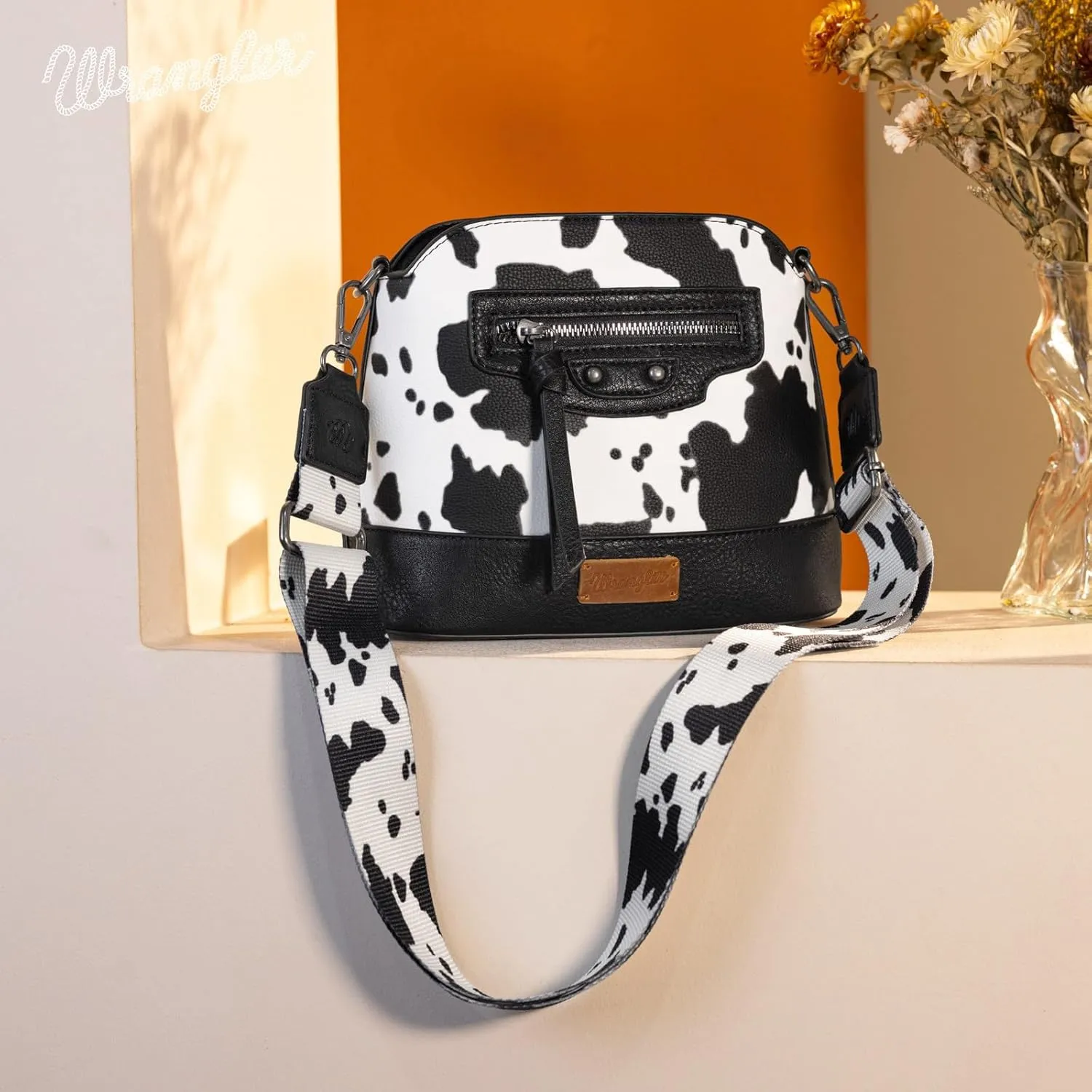 Wrangler Cow Print Crossbody Bag for Women Western Cross Body Purse with Signature Strap