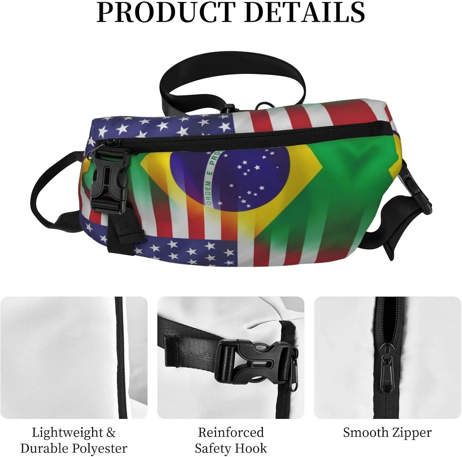 Wurton American And Brazilian Flags Print Travel Crossbody Backpack Bag,Lightweight Sling Bag For Travel Unisex
