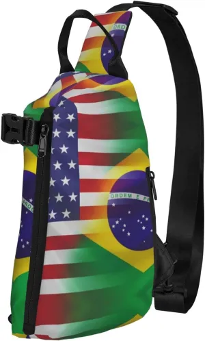 Wurton American And Brazilian Flags Print Travel Crossbody Backpack Bag,Lightweight Sling Bag For Travel Unisex