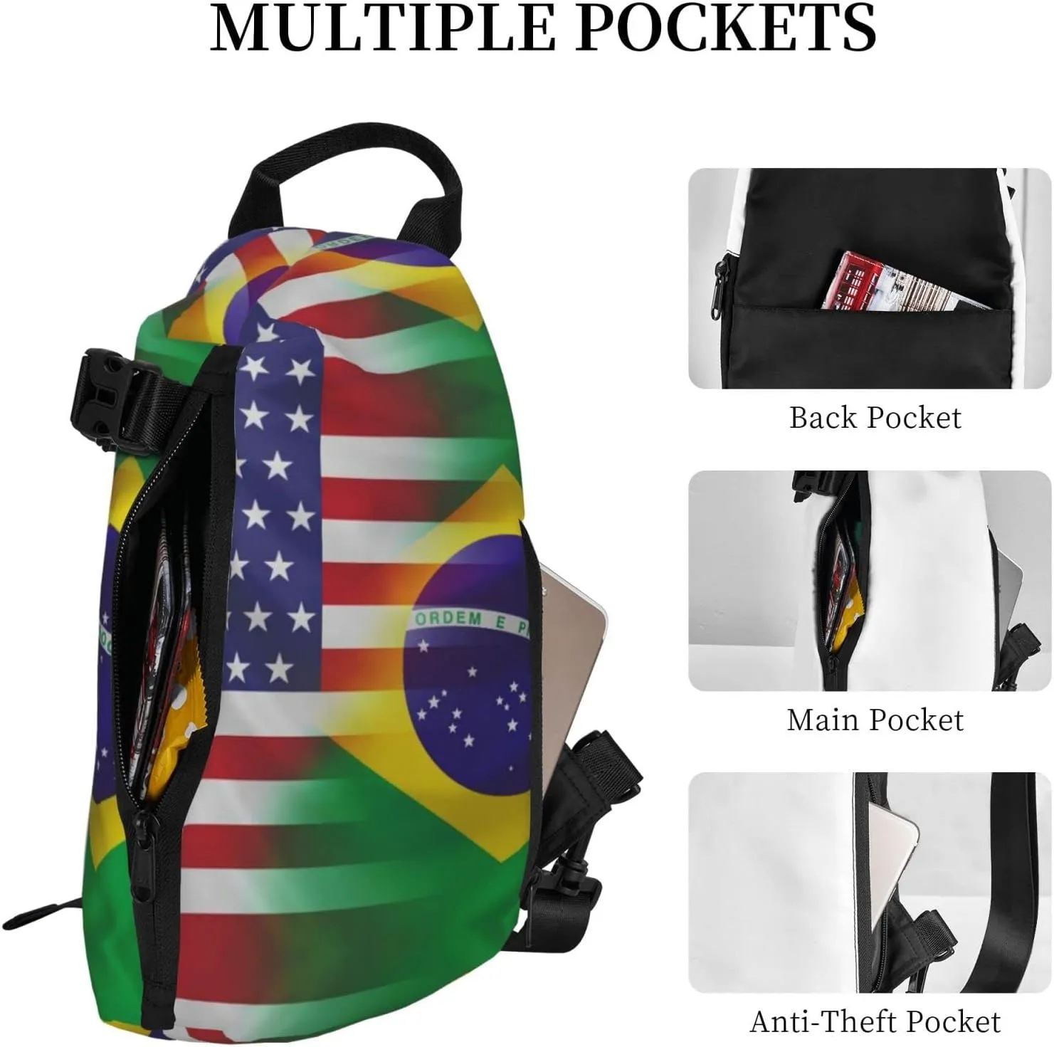 Wurton American And Brazilian Flags Print Travel Crossbody Backpack Bag,Lightweight Sling Bag For Travel Unisex