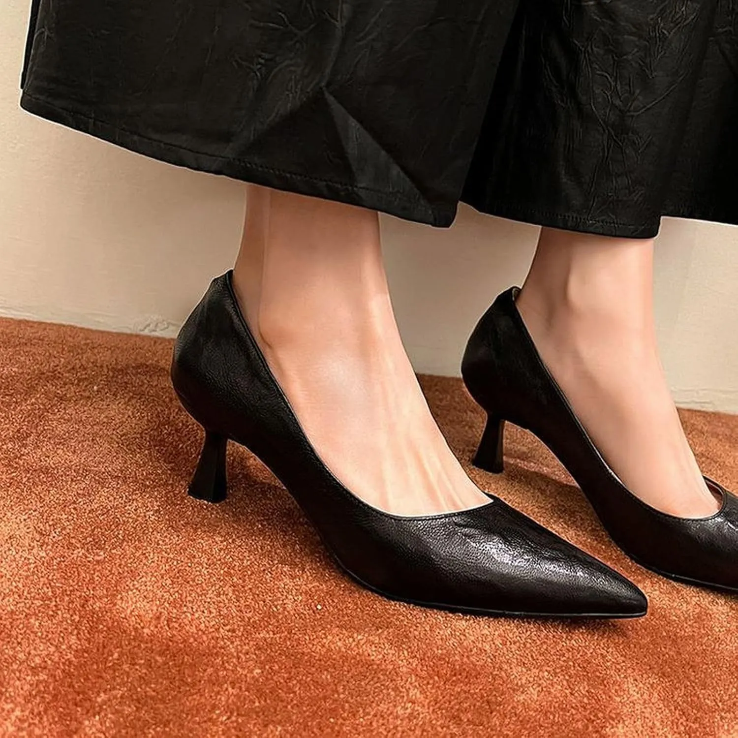 XIEDA Women's Genuine Lambskin Leather Pointed Toe Mid Heels Office Work Pumps Dress Shoes